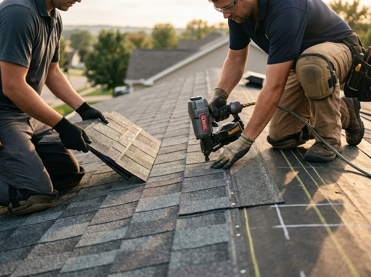 Professional roofer working on a residential roof in North Aurora